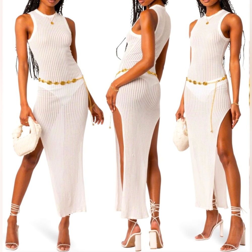 Edikted Bree Sheer Rib Side Slit Maxi Dress In White Size Medium/Large NWT